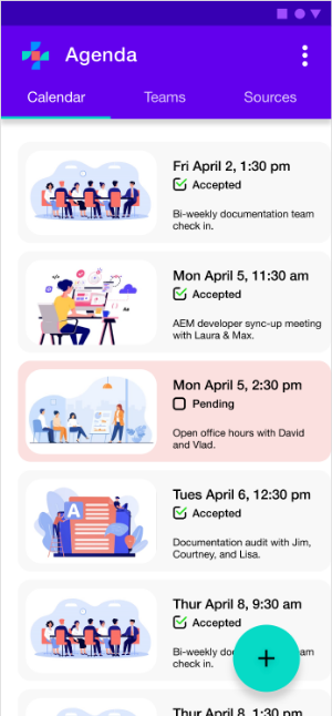 Agenda's home view with a user's scheduled meetings in a chronological list
