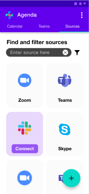 The Sources user interface with a list of all available source connections to external applications